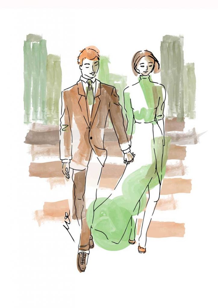couple walking water colour drawing