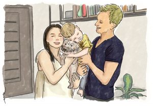 Family of three with pet dog